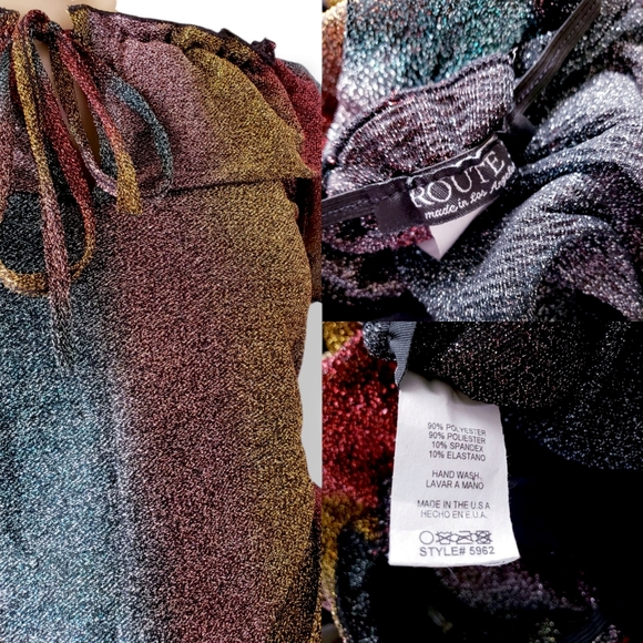 Gold, Red & Green Metallic Striped Off Shoulder Ruffle Blouse by Route 3 - Picture 6 of 8